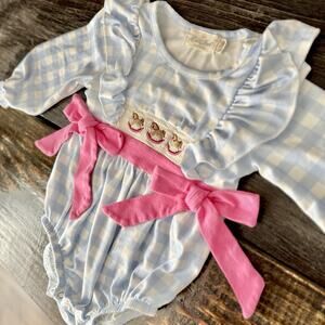 Marie‎ Nicole Smocked Bubble Romper Rocking Horse Long Sleeve Blue Gingham 6-12m